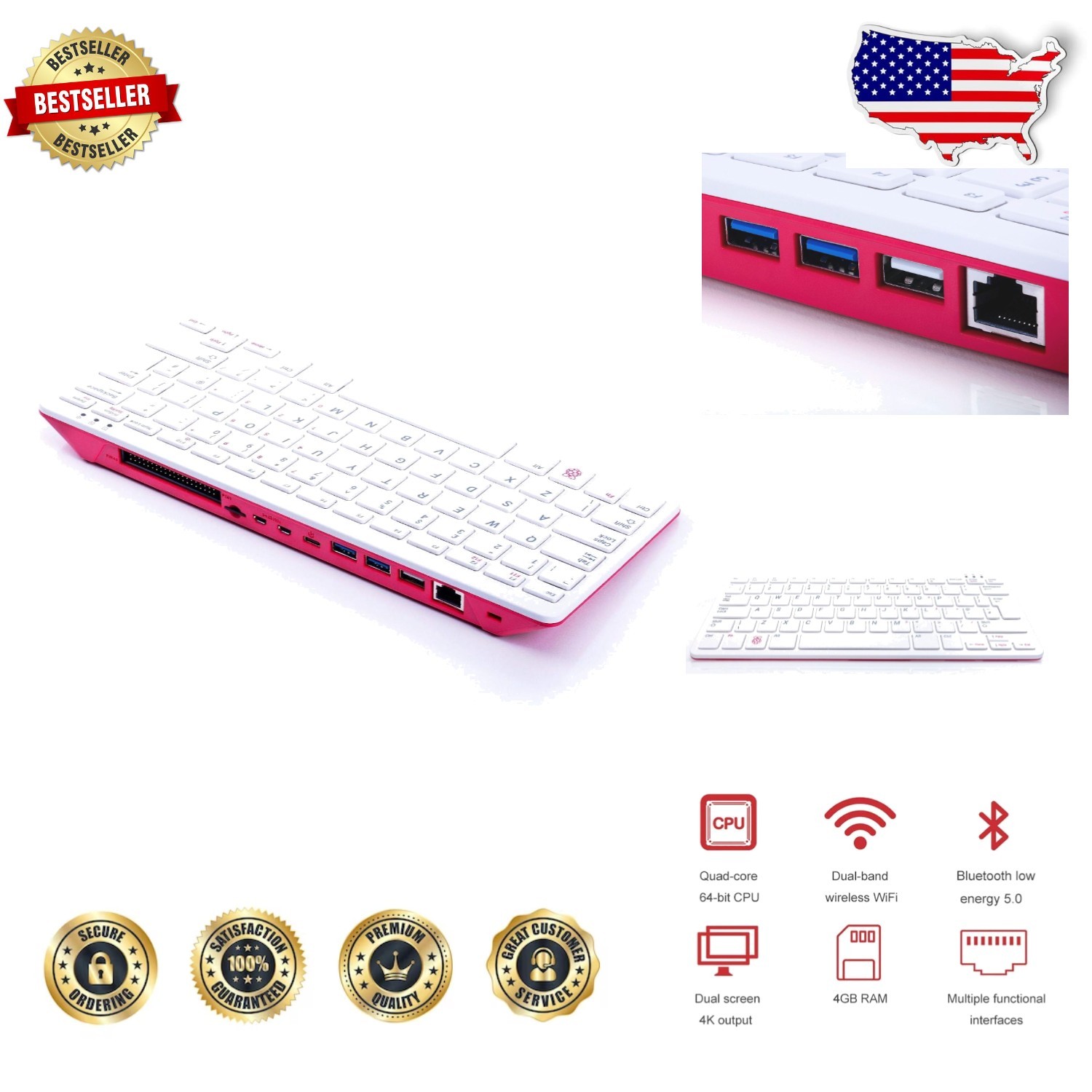 Raspberry Pi 400 Keyboard Computer | 1.8GHz Quad-Core Cortex A72 | Dual 4K HD...