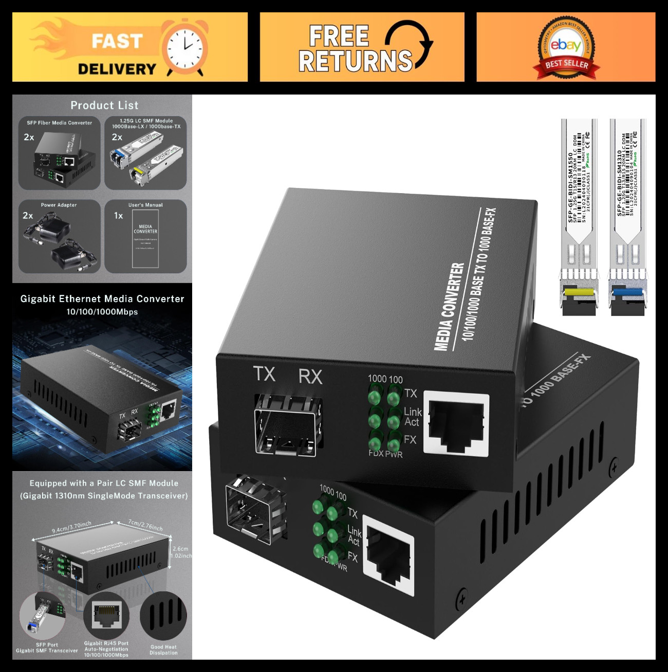 1.25G Bidi Gigabit Single-Mode Fiber Media Converter with 2 SFP LC Modules, 30KM