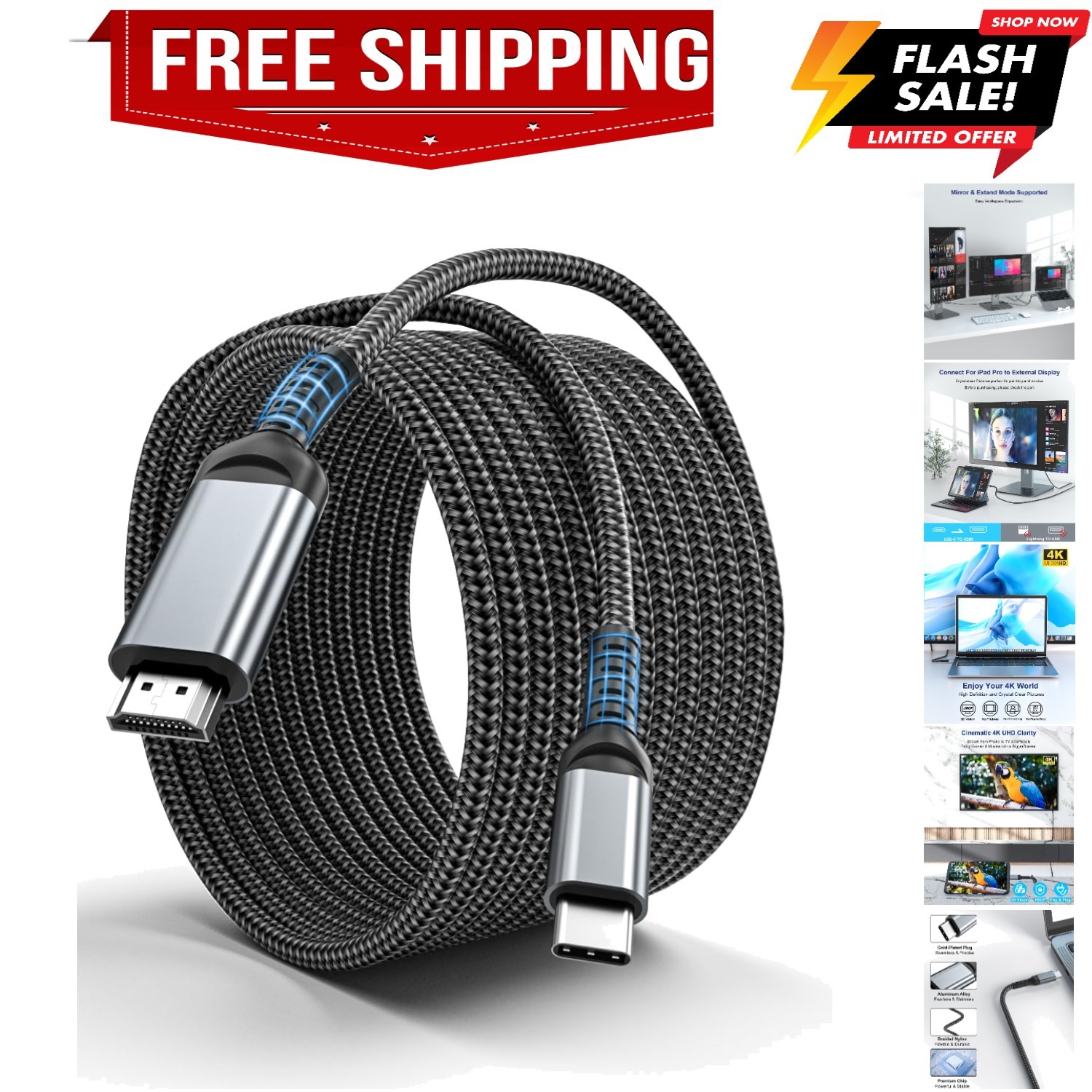 USB C to HDMI 15 Feet Cable 4K, Anti-Interference Gold-Plated Plugs, Aluminum...