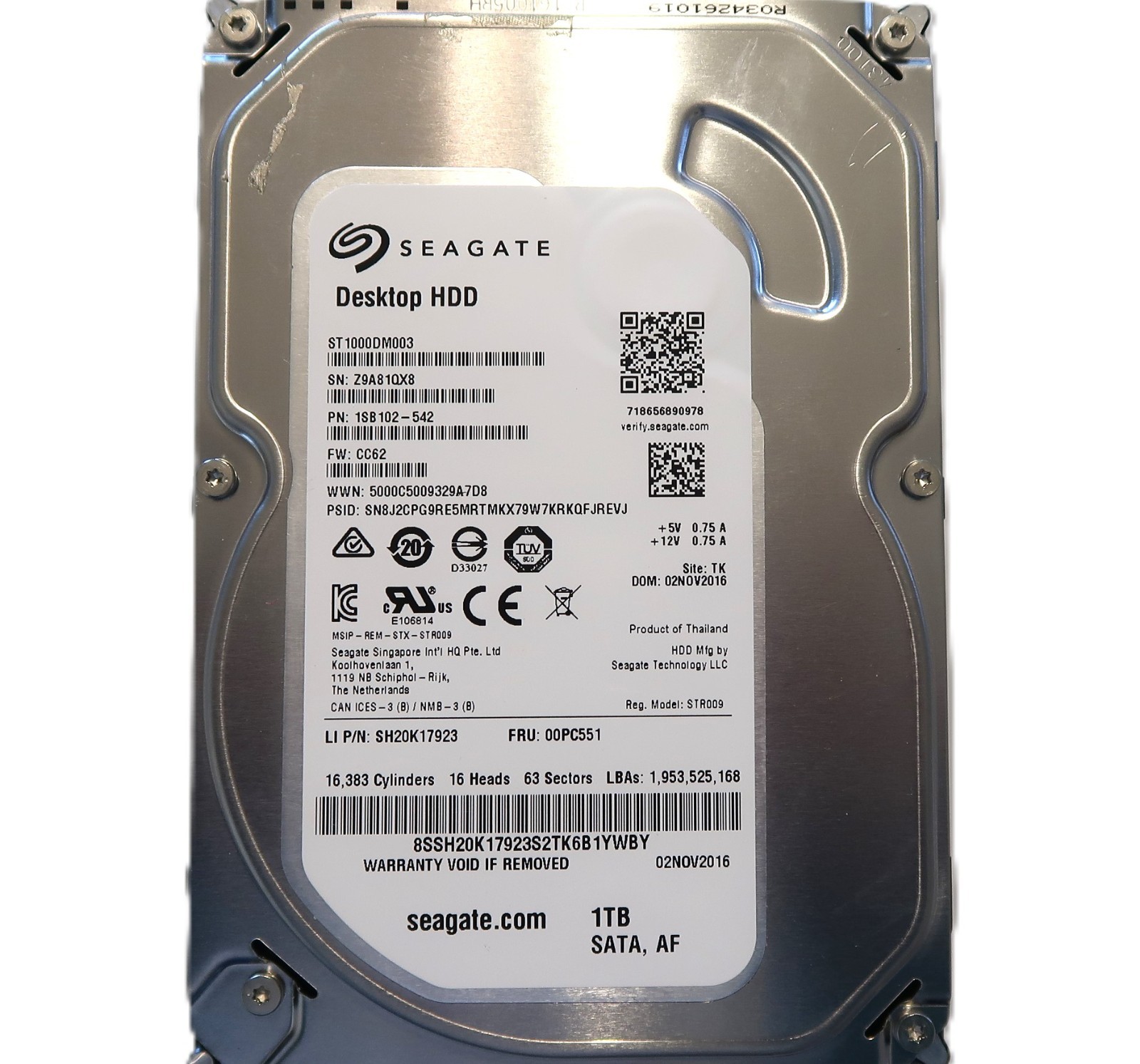ST1000DM003 PN: 1SB102-542 FW: CC62 (Z9A8) TK Thailand 1000gb 3.5" Sata NOV/2016