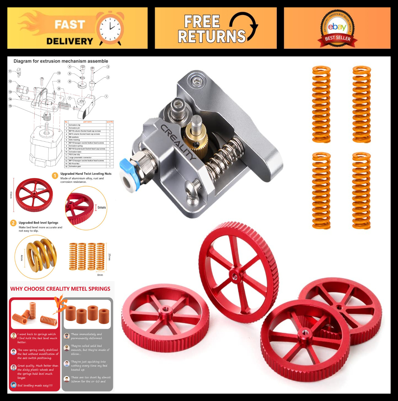 3D Printer Upgrade Kit - All Metal MK-8 Extruder, Leveling Nuts & Springs for En