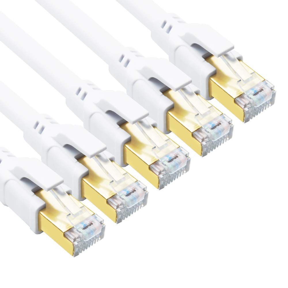 CAT 8 Ethernet Cable 10FT 5 PCS 40Gbps 2000MHz SFTP 26AWG LAN Network White