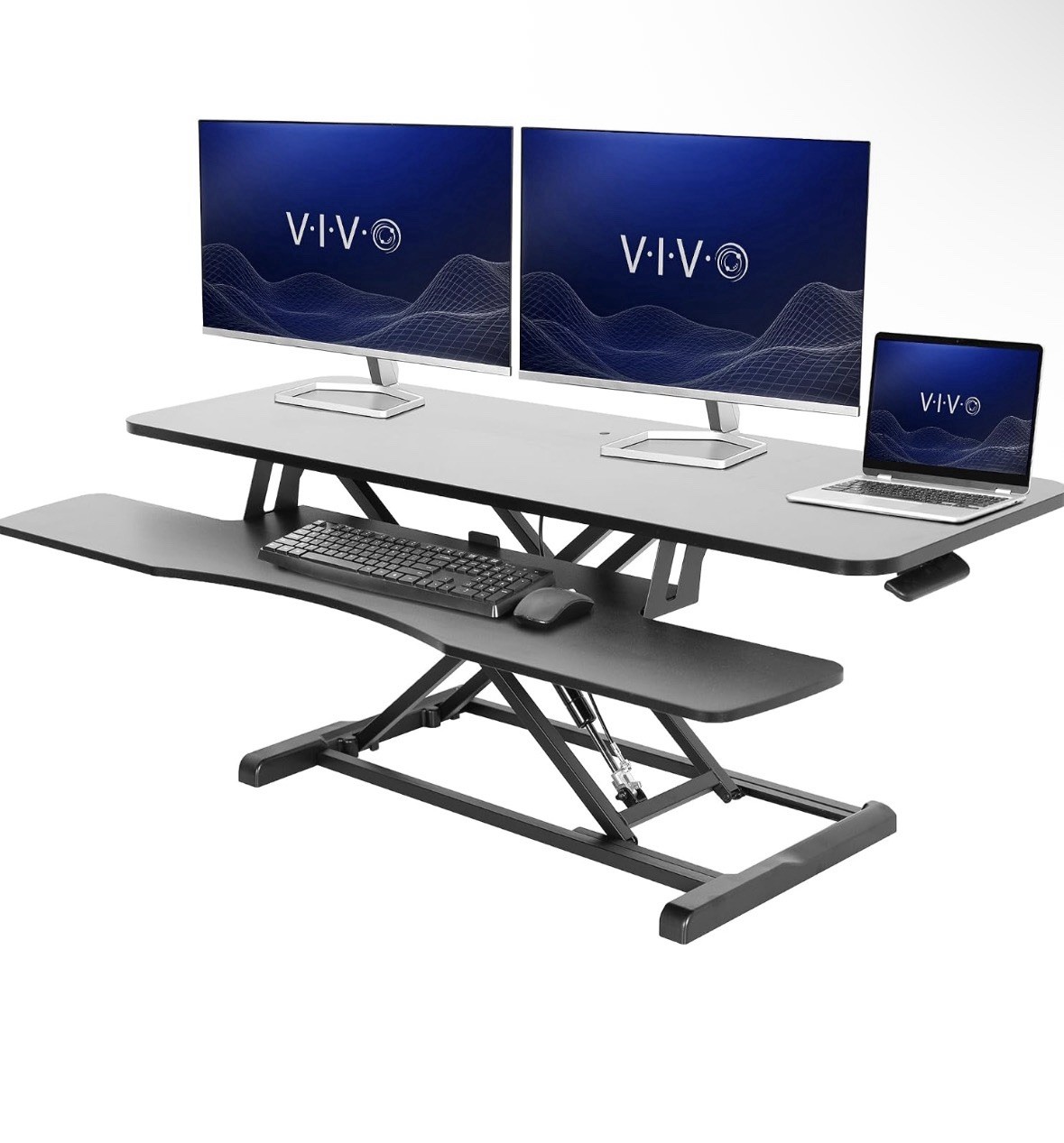 VIVO Black Height Adjustable 48" Standing Desk Monitor Riser, Sit Stand Tabletop