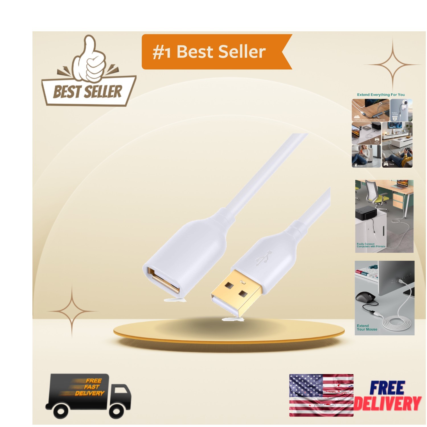 Versatile 10ft USB Extension Cable for Indoor/Outdoor Use - Gold-Plated Quality
