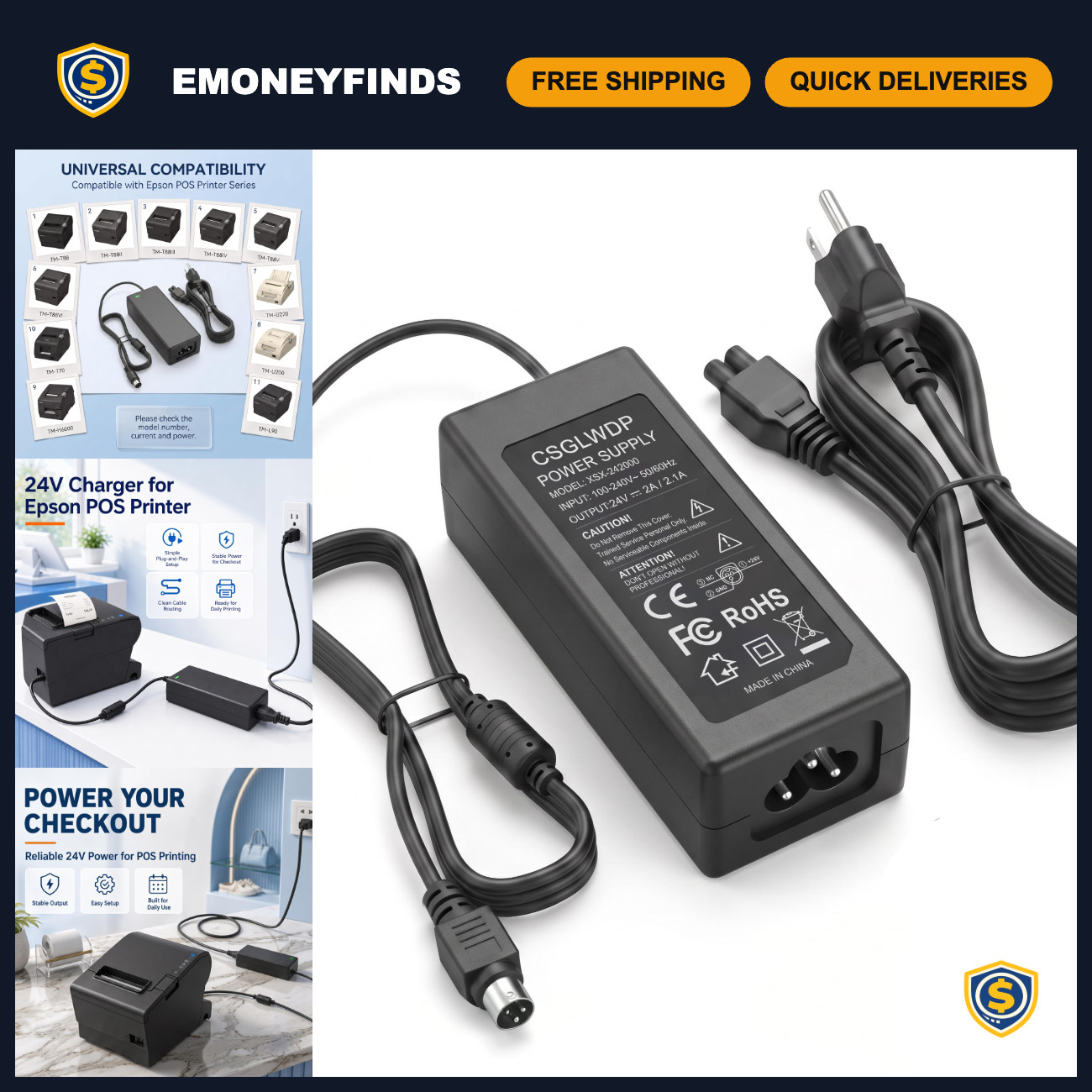 24V Universal Power Adapter for Epson POS Printers TM-T88II T88III PS-180 PS-170
