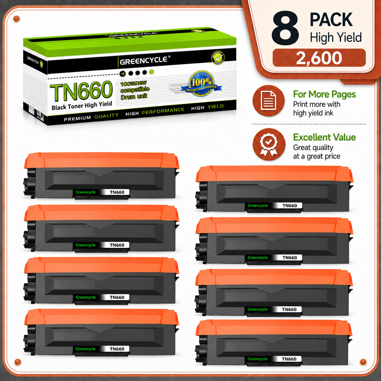 8x TN660 Toner Cartridge For Brother MFC-L2700DW MFC-L2300D DCP-L2540DW TN630