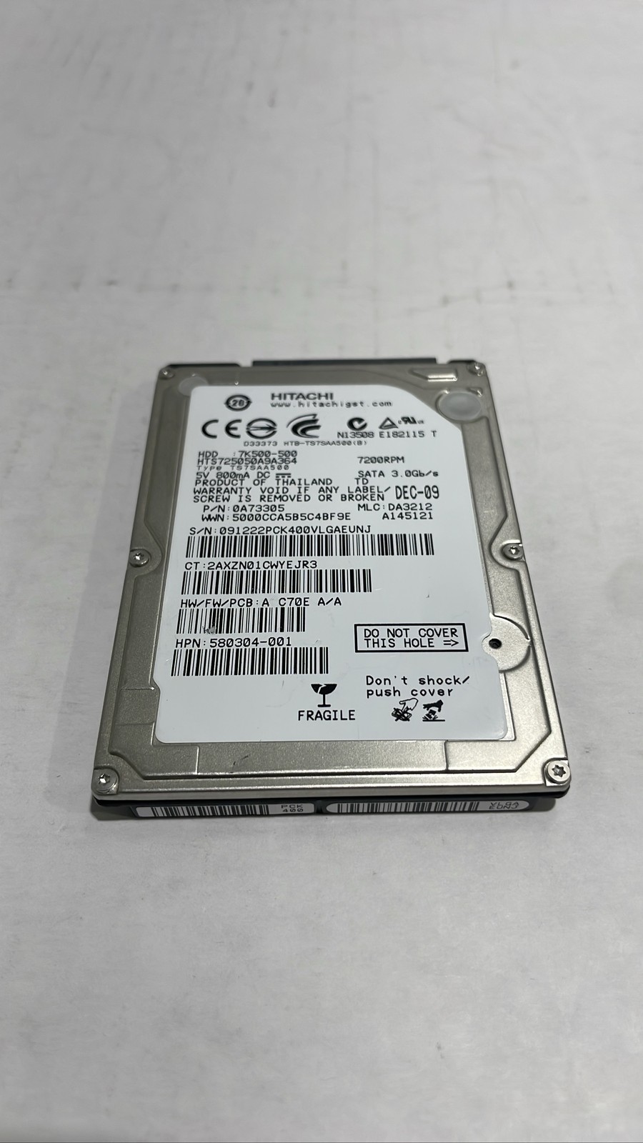 Hitachi HTS725050A9A364 500GB 7200RPM 2.5" SATA Laptop Hard Drive 580304-001