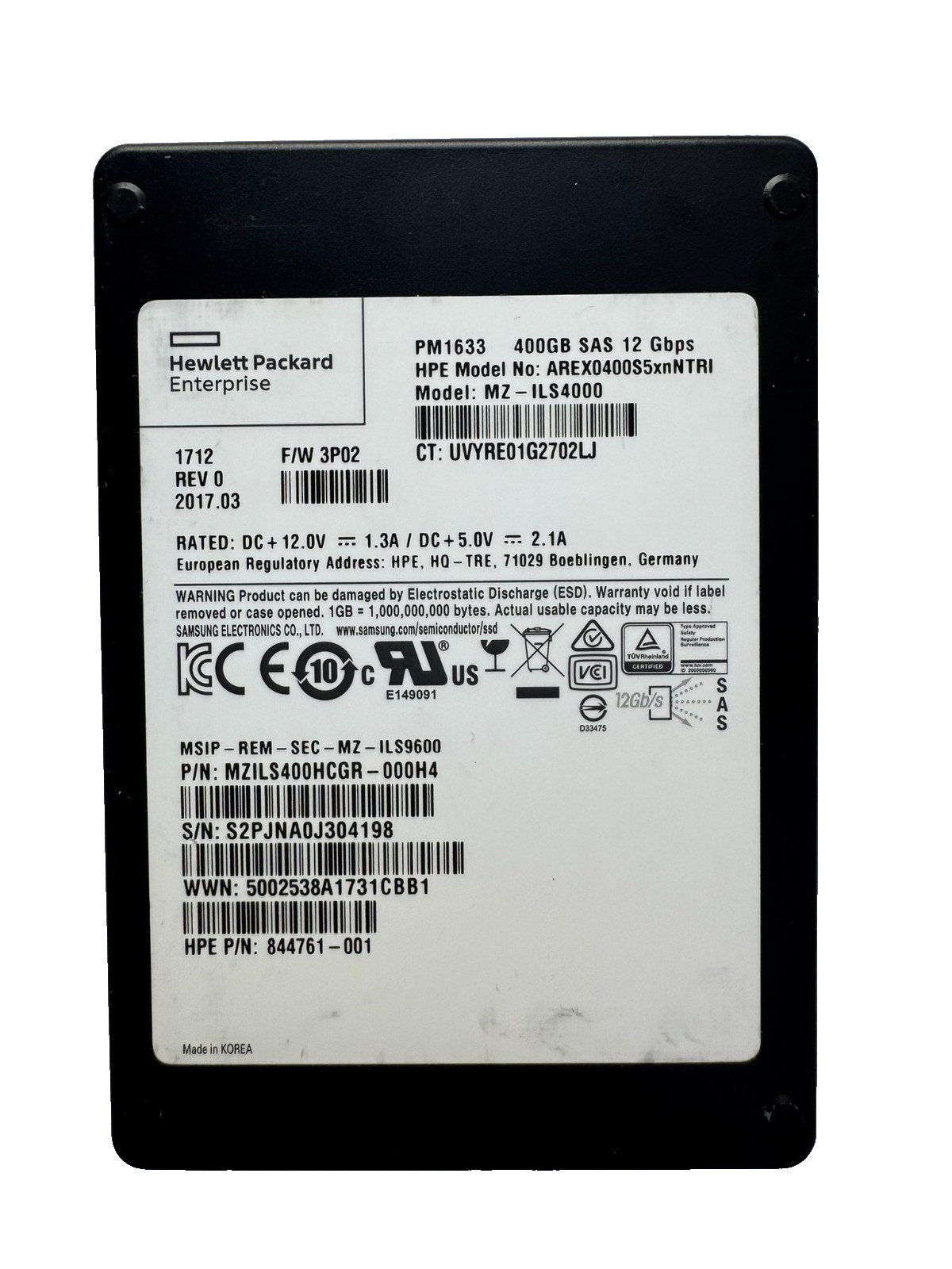 HPE SAMSUNG PM1633 400GB 2.5" SAS SSD 12Gbps/512b/s/LOW HOURs/Good Health-81-88%