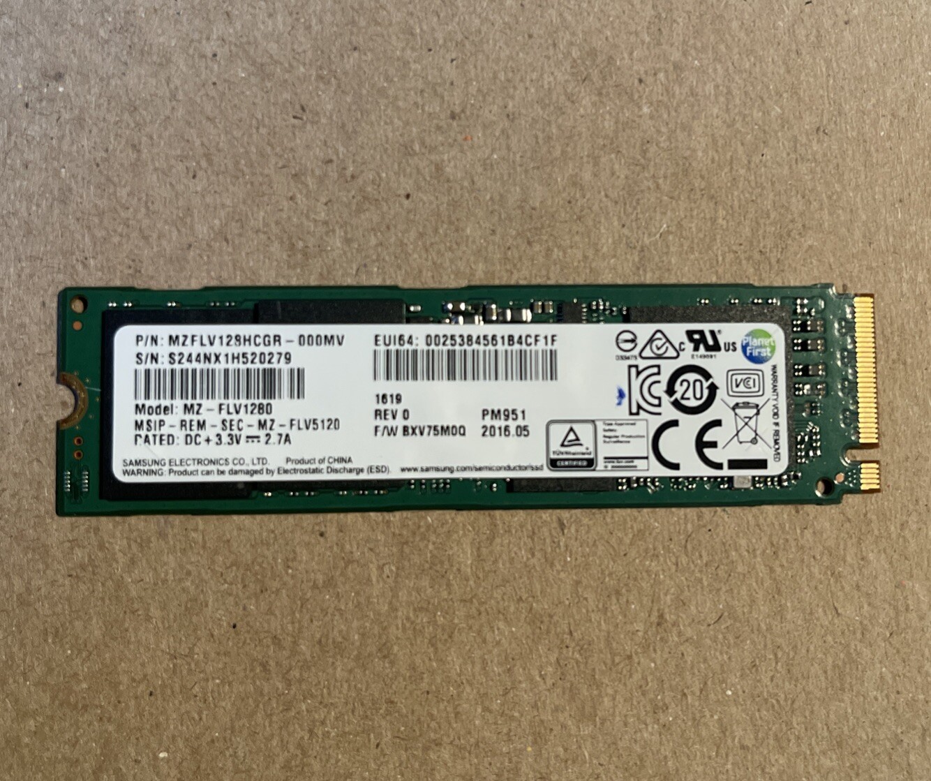 SAMSUNG MZFLV128HCGR-000MV 128GB PCIE M.2 SSD MODEL - MZ-FLV1280 PM951 