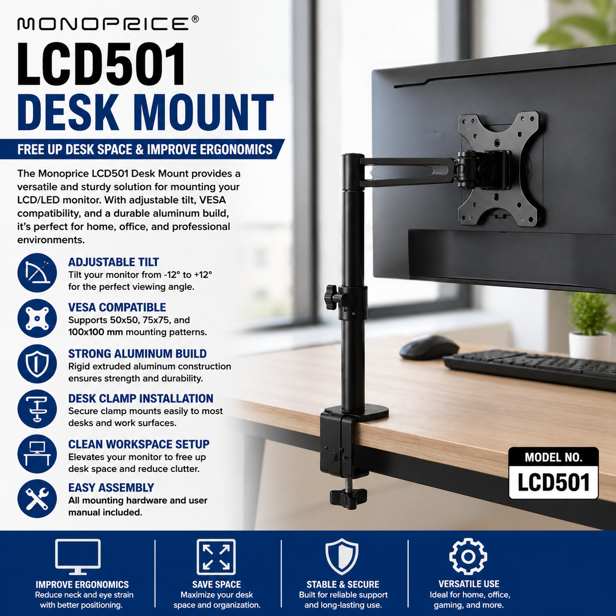 Monoprice LCD501 Single Monitor Desk Mount Adjustable Tilt VESA Monitor Stand