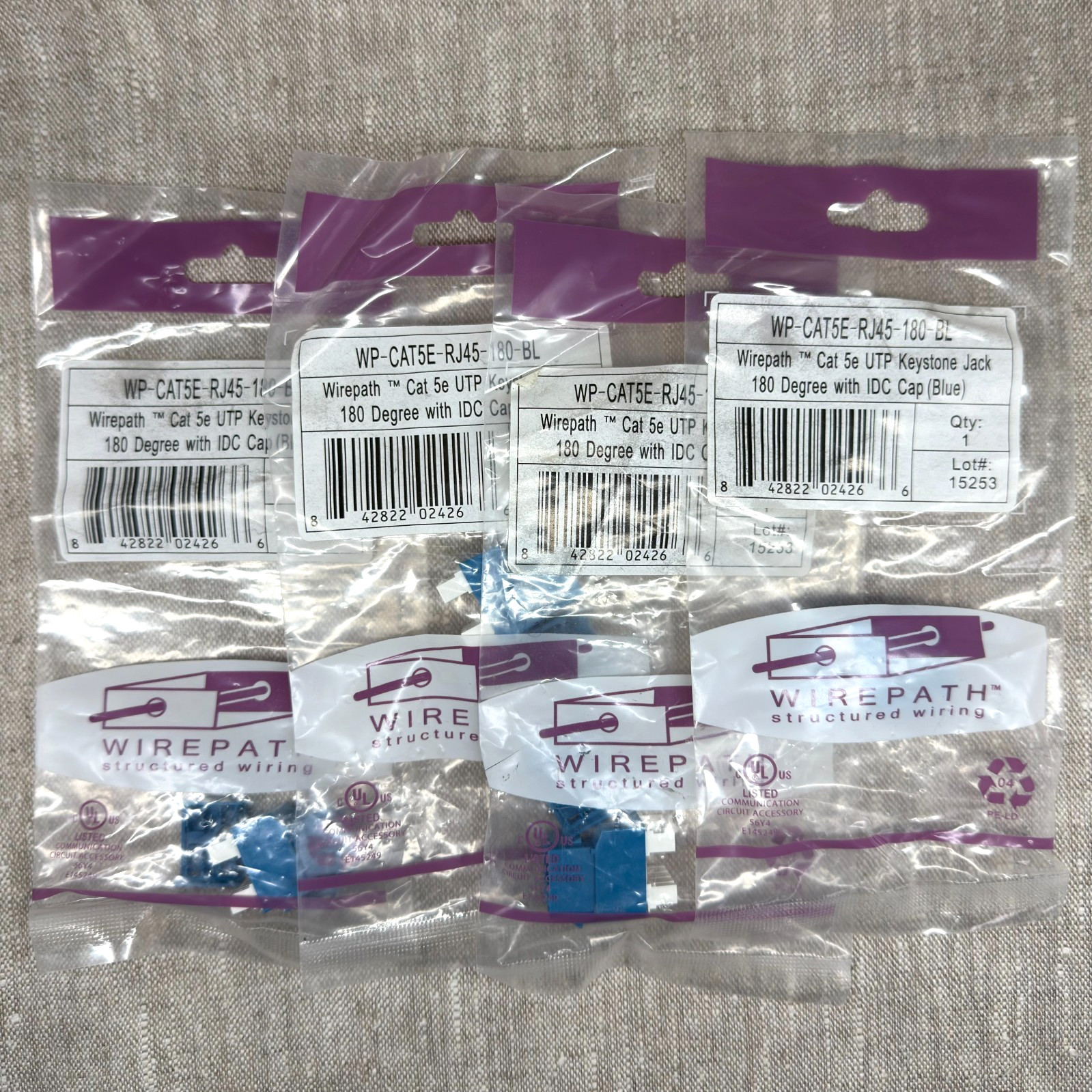 4 Wirepath Keystone Network Jack Blue 180 Degree CAT5E RJ45 IDC Cap Lot New