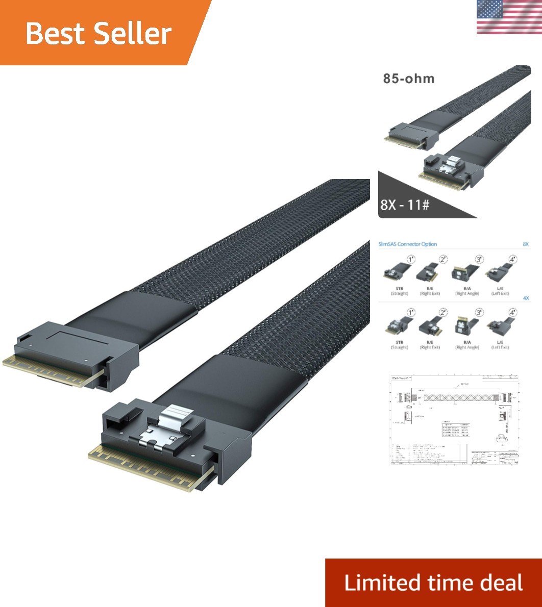 64-pin 24G SlimSAS SFF-8654 Cable, PCIe 4.0, 0.75m for Workstations and Storage