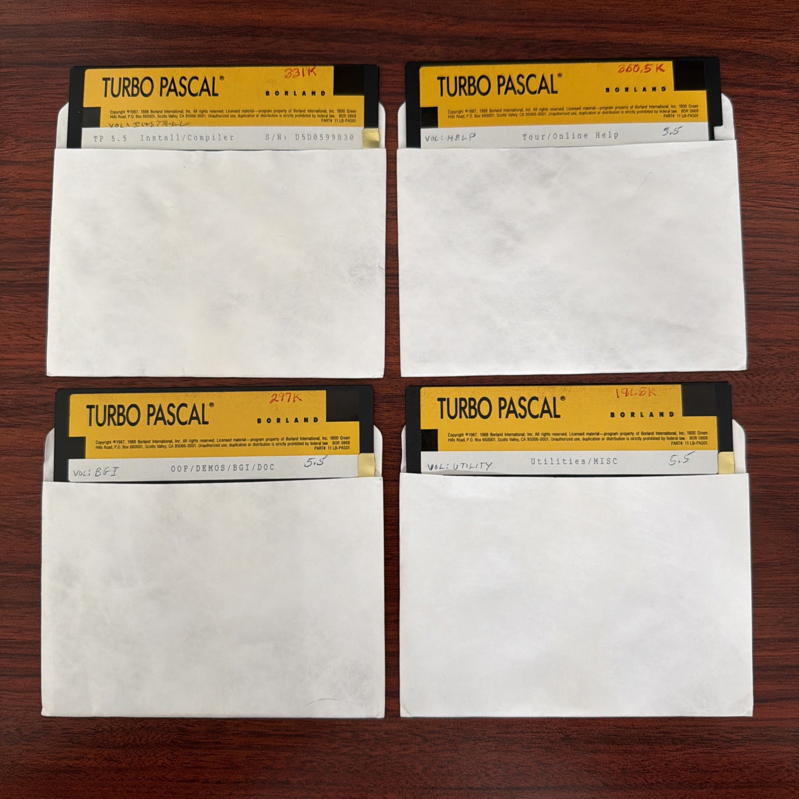 Borland Turbo Pascal 5.5 5.25” Floppy Disk Set 4 Disks DOS Vintage Software