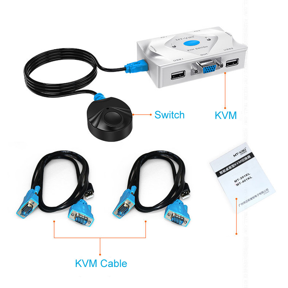 1pc MT-VIKI MT-201KL 2 Port VGA USB KVM Switch With Wire Remote Controller White