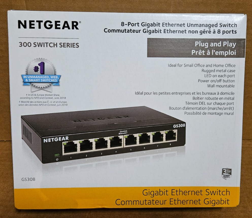 NETGEAR GS308 8-Port Gigabit Ethernet Unmanaged Switch New - OPEN BOX - not used