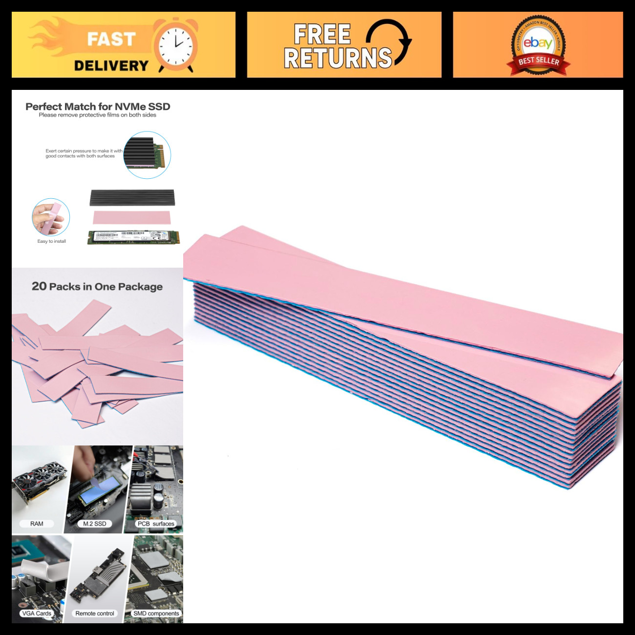 20 Thermal Pads 120x20mm 15W/m.K Conductive Silicone for M.2 SSD GPU Heatsink PS