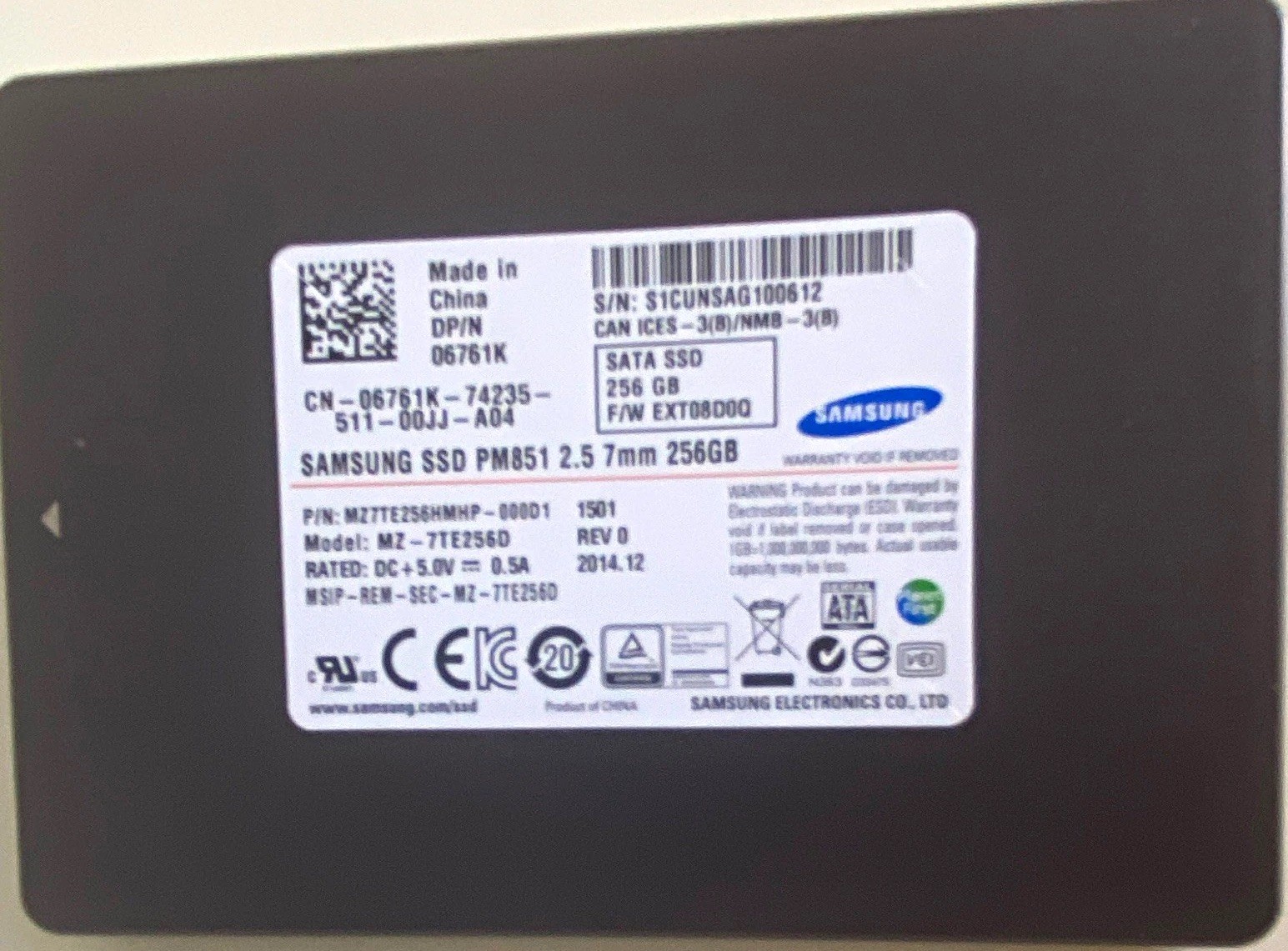 Samsung SSD PM851 256GB 2.5 in 7mm SATA Internal SSD MZ-7TE256D open box 