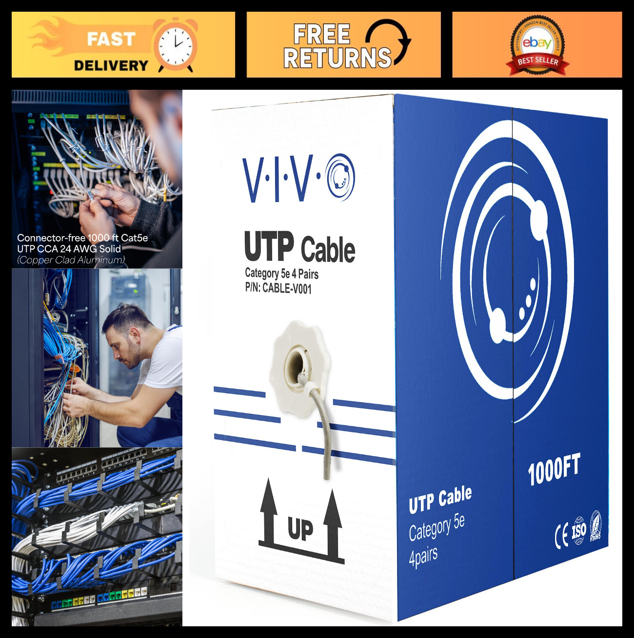 1,000ft Cat5e Ethernet Cable, 24 AWG UTP Bulk Wire, LAN Network Pull Box, Gray