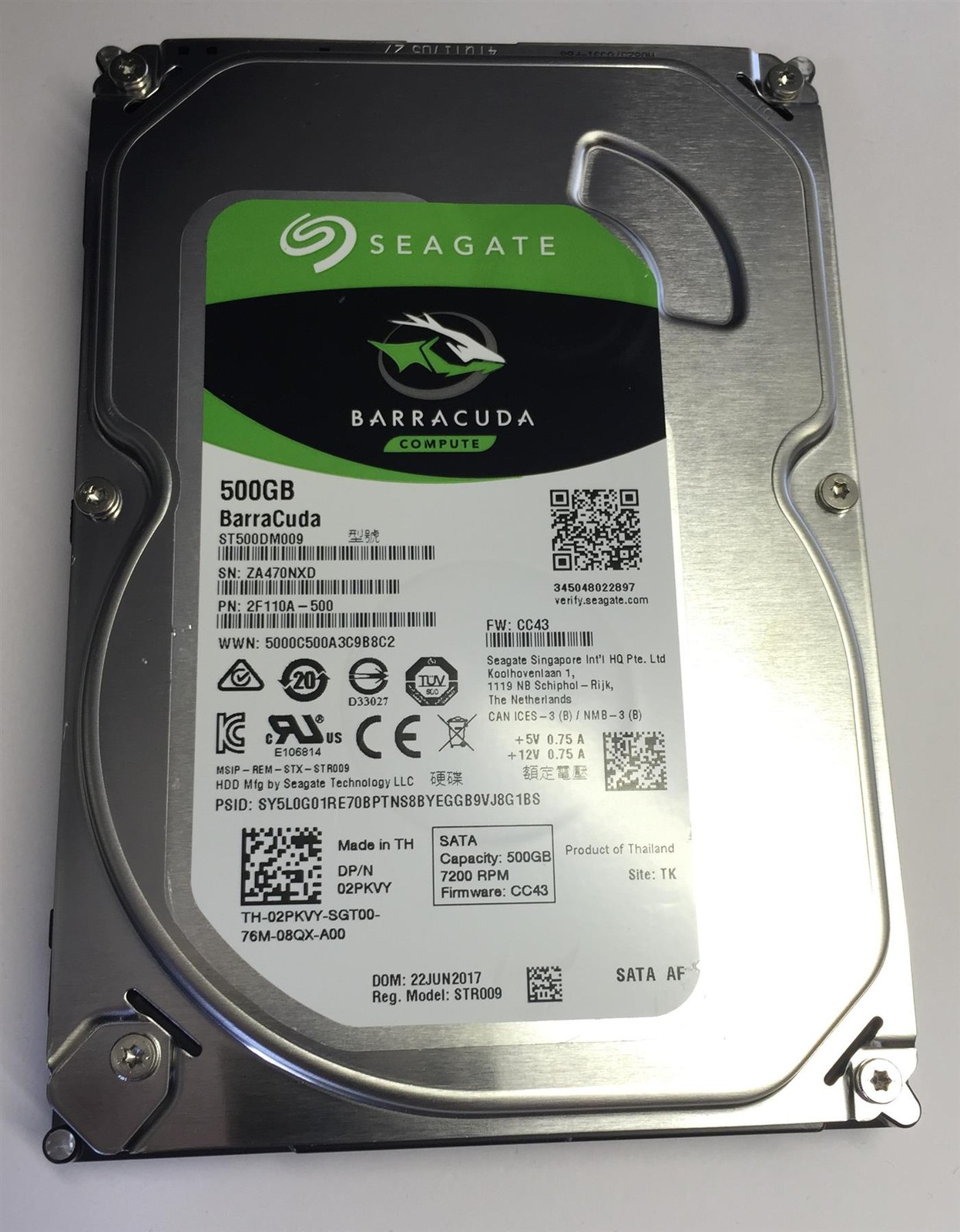 HDD-3.5-ST500DM009-500GB Seagate Barracuda PN 2F110A-500 DPN 02PKVY 2PKVY