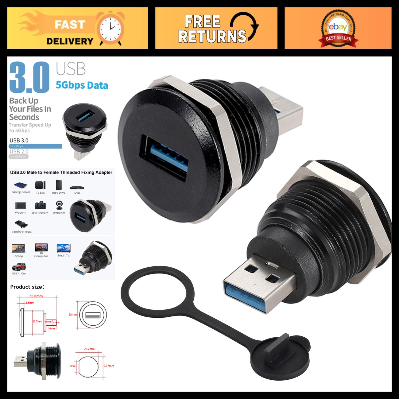 2PCS USB 3.0 Male to Female Adapter, High-Speed Data Transfer Connector