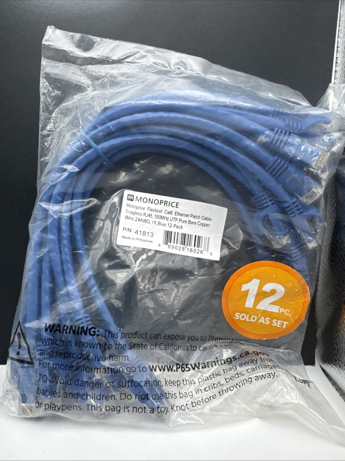 Monoprice Cat6A Ethernet Patch Cable- 1 Foot-Blue | Snagless RJ45 550Mhz UTP