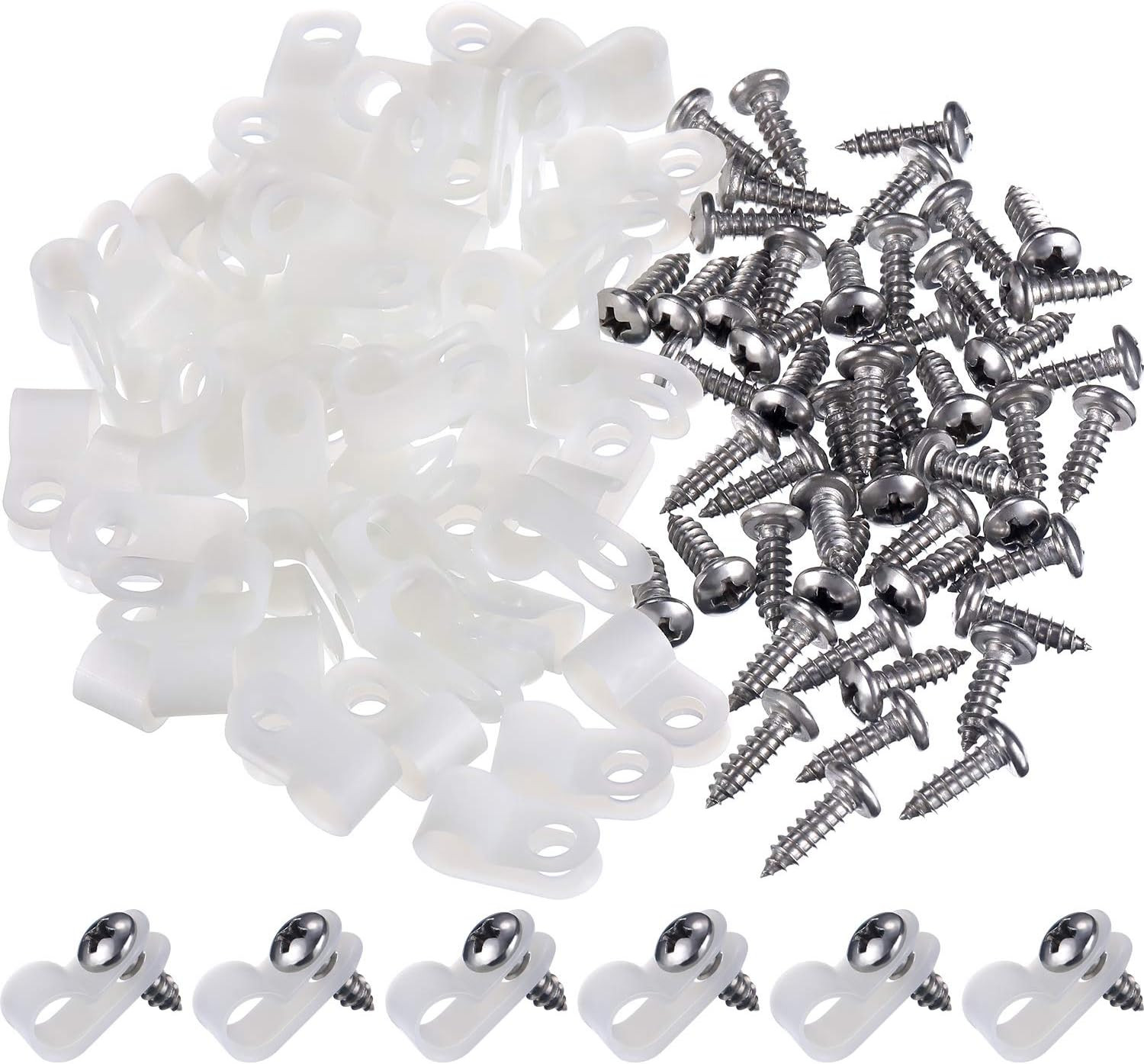 Hicarer 50 Pack R Type Cable Clip Wire Clamp with Screws, 1/4 Inch, White | Nylo