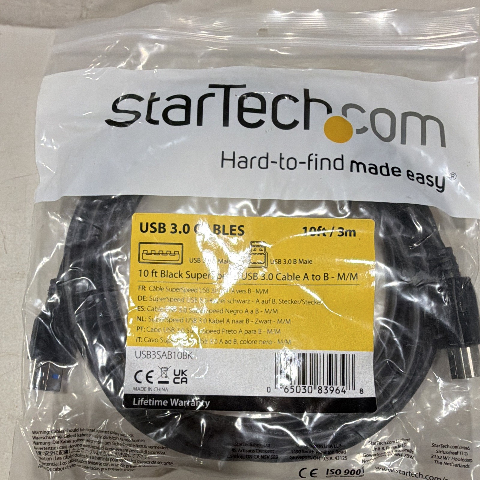 StarTech.com USB 3.0 A Male to B Male Round Cable 10ft Black USB3SAB10BK