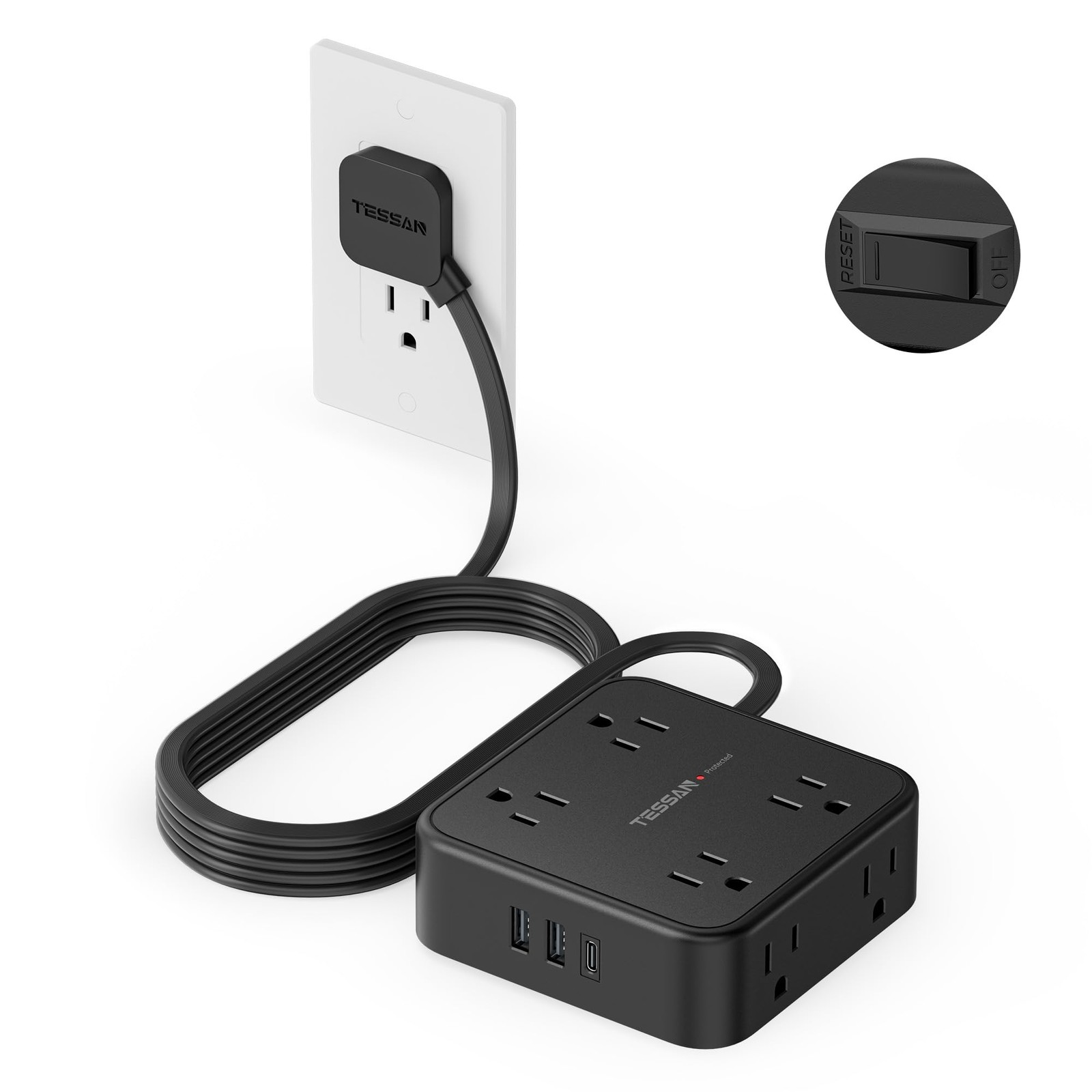TESSAN Surge Protector Power Strip 900J Surge Protection, 10 Ft, Black TS-1026-C