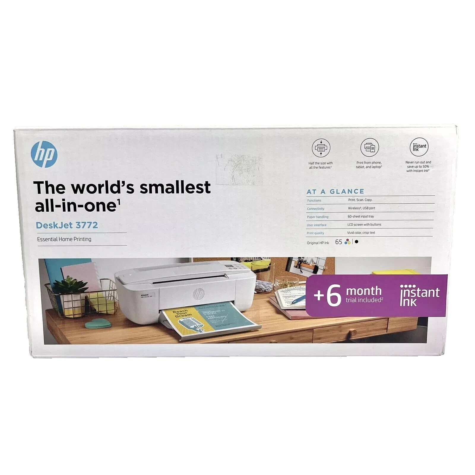 New HP Deskjet 3772/3755/3752 Printer-All in One-Wireless +Free HP 65 INK-NEW