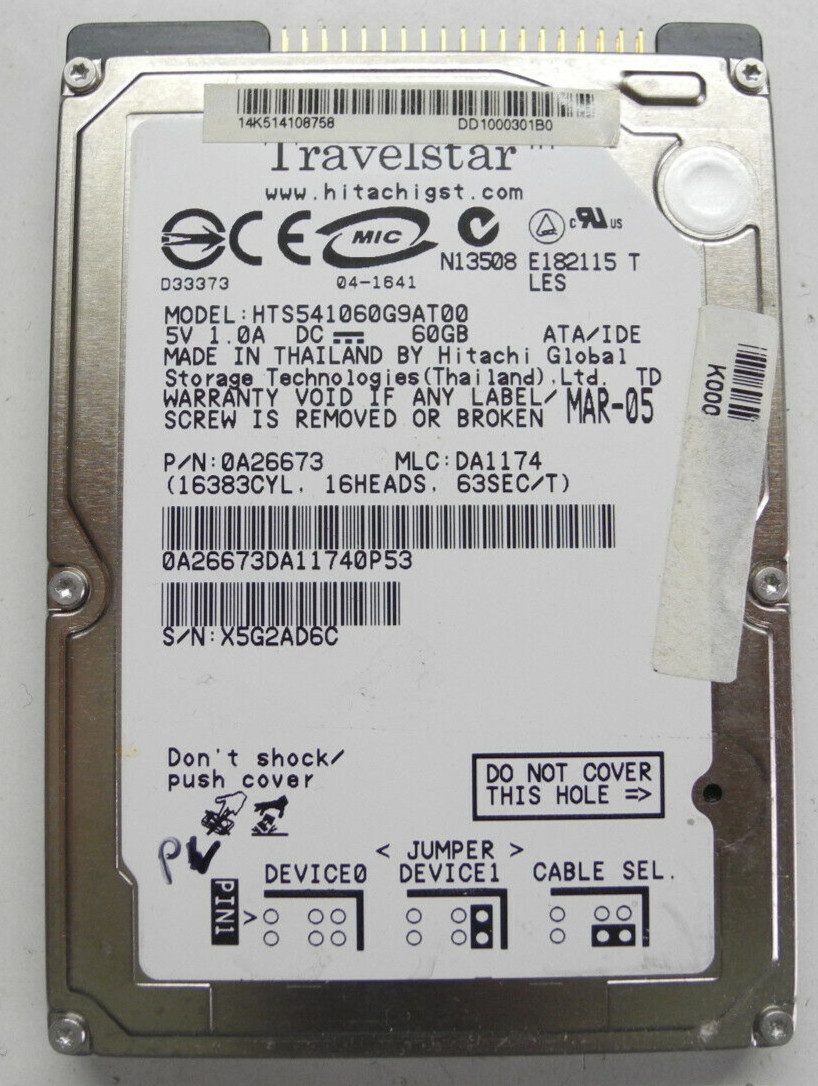 Hitachi 60gb HTS541060G9AT00 320 0A21010 X5G2AD6C 14K514108758 Hard Drive 2.5 Ide