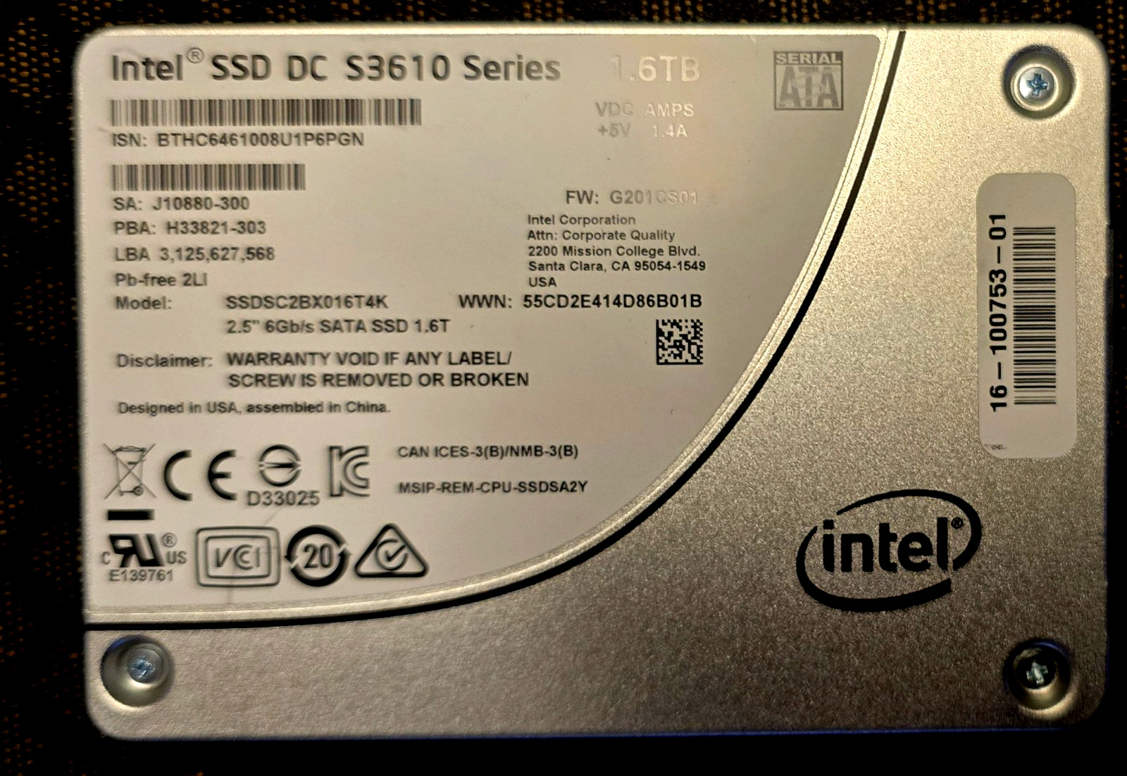 Intel SSDSC2BX016T4K 1.6TB DC S3610 2.5in MLC 6Gb/s SATA SSD