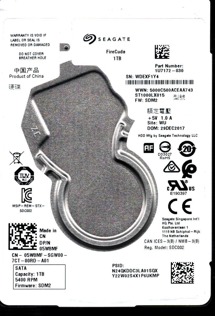 ST1000LX015 P/N: 1U7172-030 F/W: SDM2 S/N: WDEX WU 1TB DEC 2017 CHINA SEAGATE