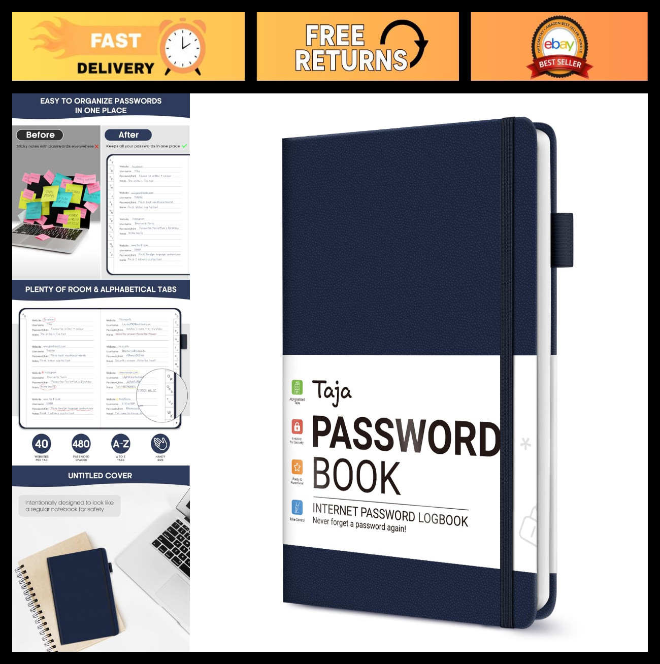 Password Keeper Book with Alphabetical Tabs - Small Logbook for Seniors, Interne