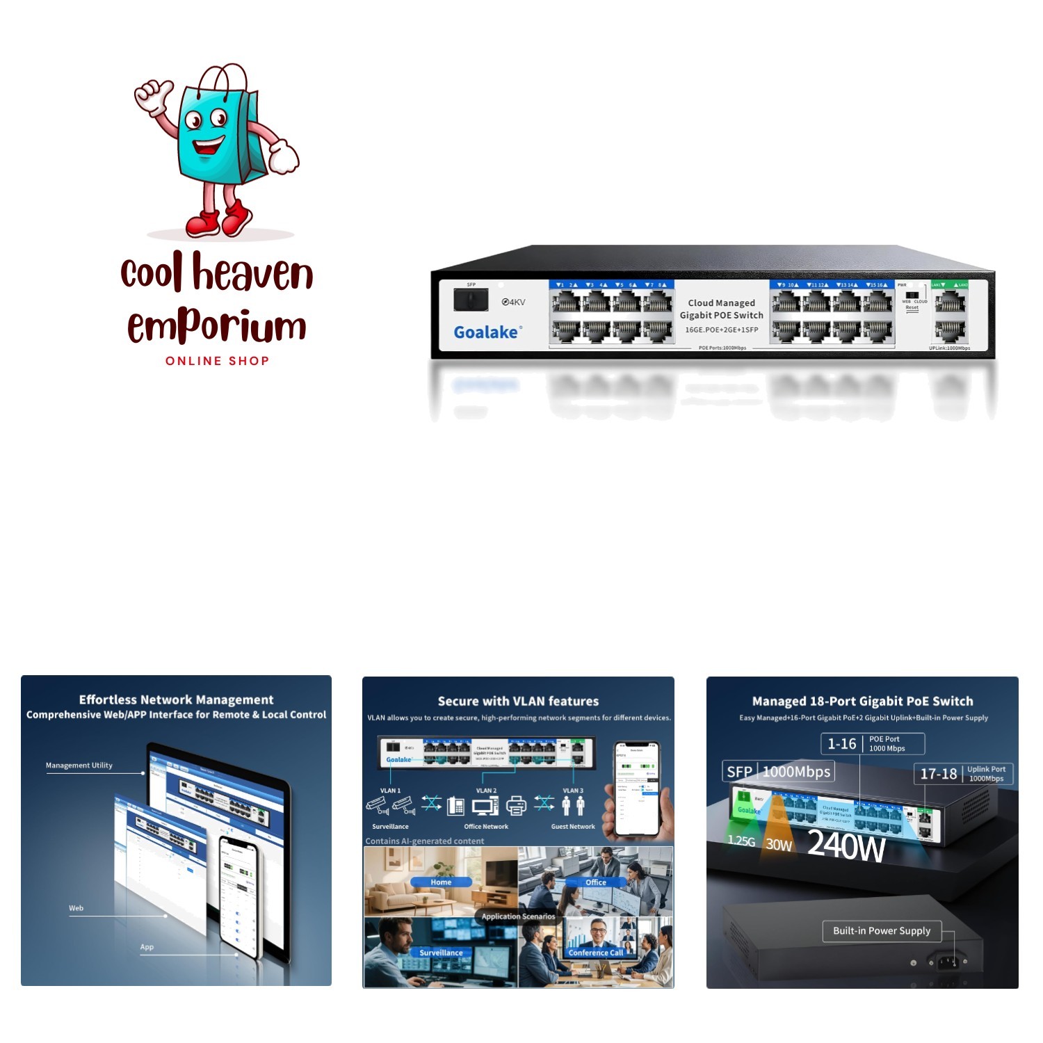 Durable 16-Port Gigabit Switch: 240W Power Supply & Long-Distance Data Extend