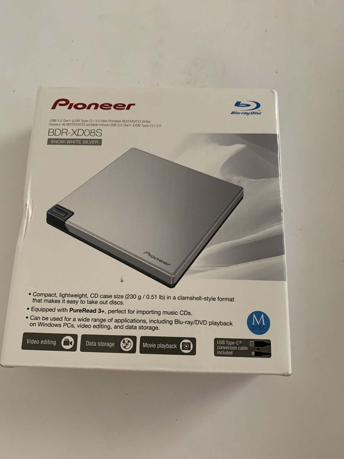 Pioneer BDR-XD08S USB 3.2 Gen1 (USB Type-C) / 2.0 Slim Portable BD/DVD/CD Writer
