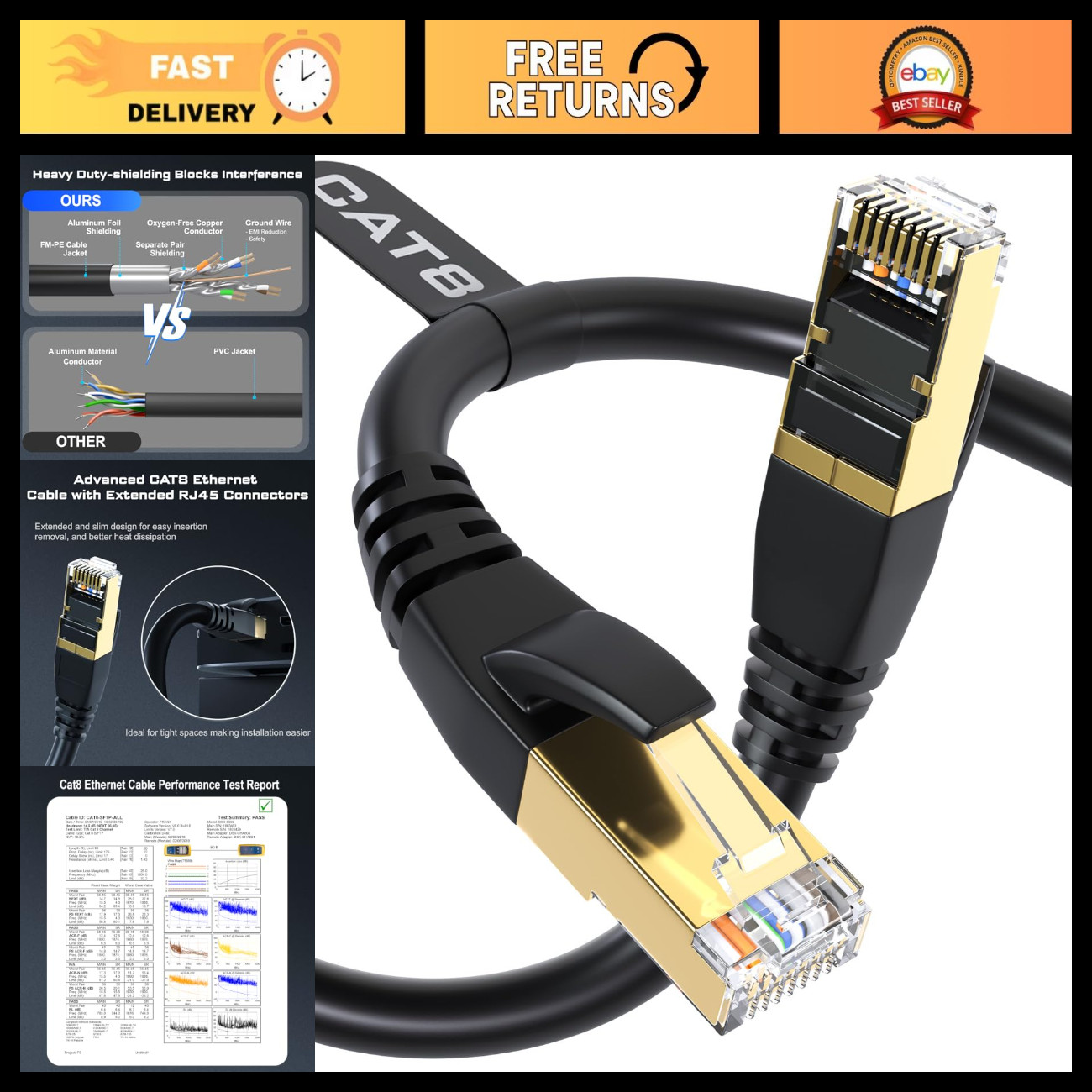 25FT Cat 8 Ethernet Cable - 40Gbps High-Speed, 2000MHz RJ45 LAN Network Cable