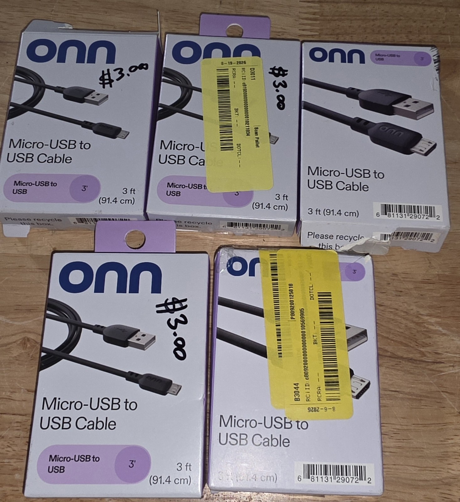 5 pack onn Micro-USB Male to USB-A Male Cable, 3 ft, Black Round Cord