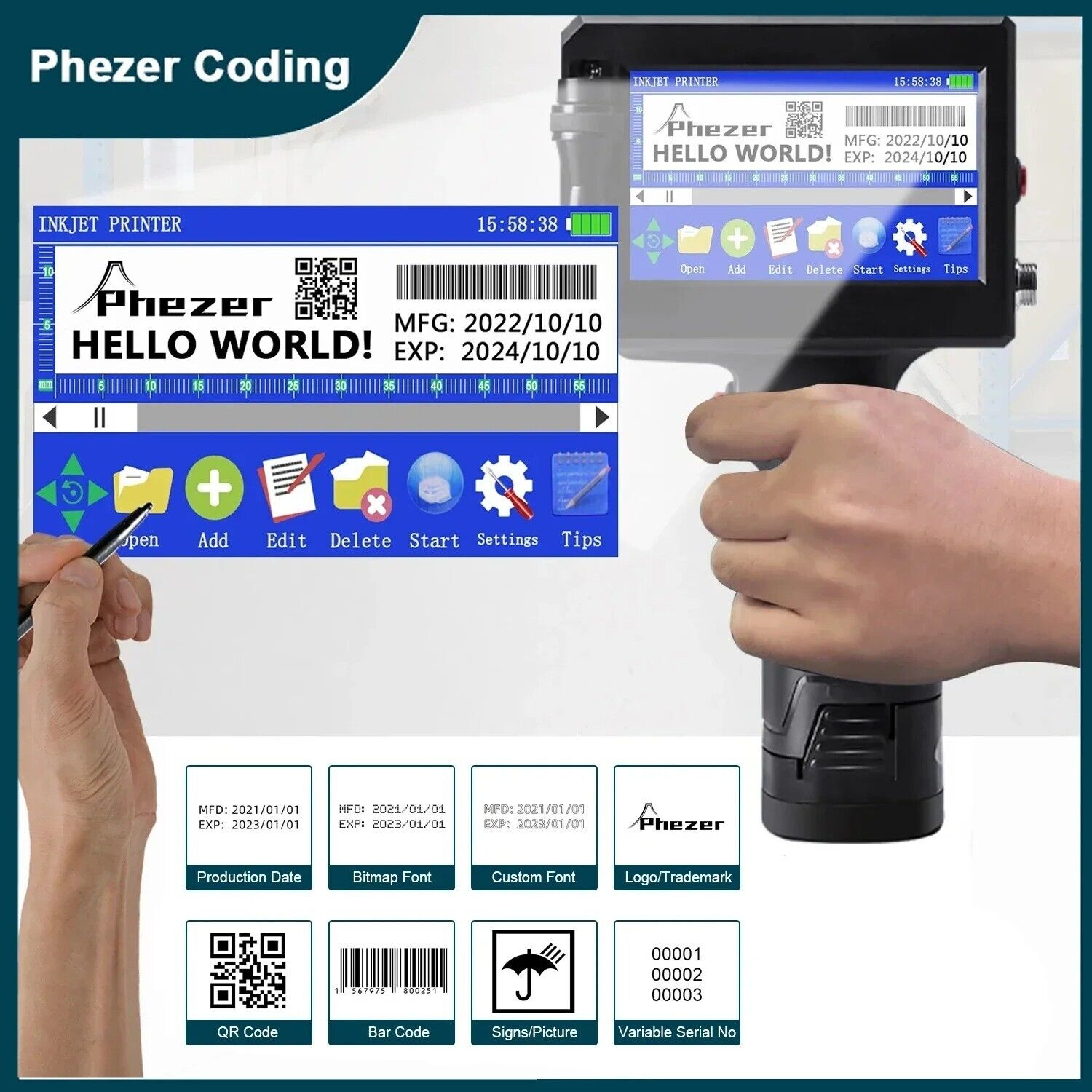 Phezer P15 QR Bar Batch Code Date Number Logo Expiry Date Label Printer 12.7mm