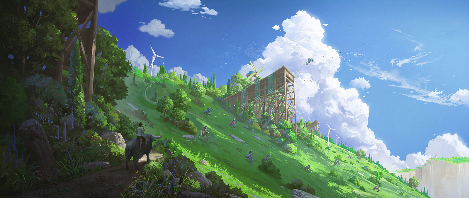 Landscape cyclecircle windmill wind turbine trees grass Custom Gaming Mat Desk
