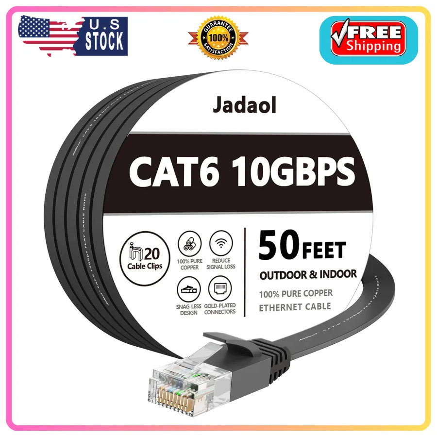 Jadaol Cat6/Cat6A Ethernet Cable 50FT Flat with Clips 10Gbps Network, Black
