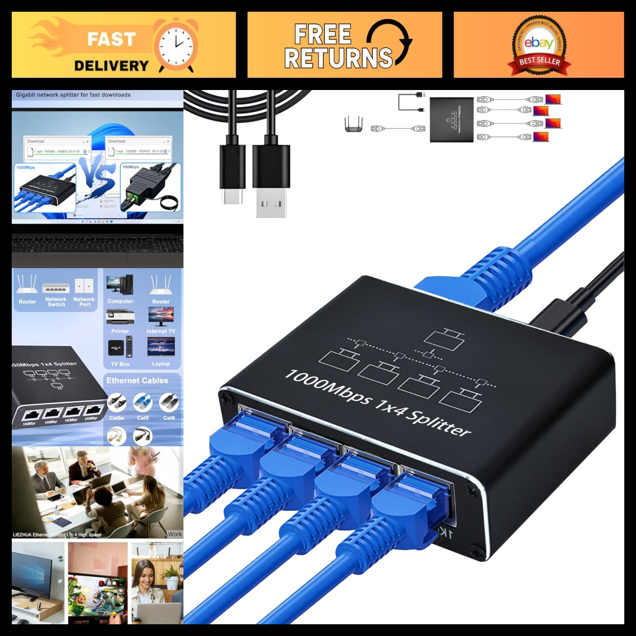 Ethernet Splitter 1 to 4 - RJ45 Network Adapter, 1000Mbps High Speed, USB Powere