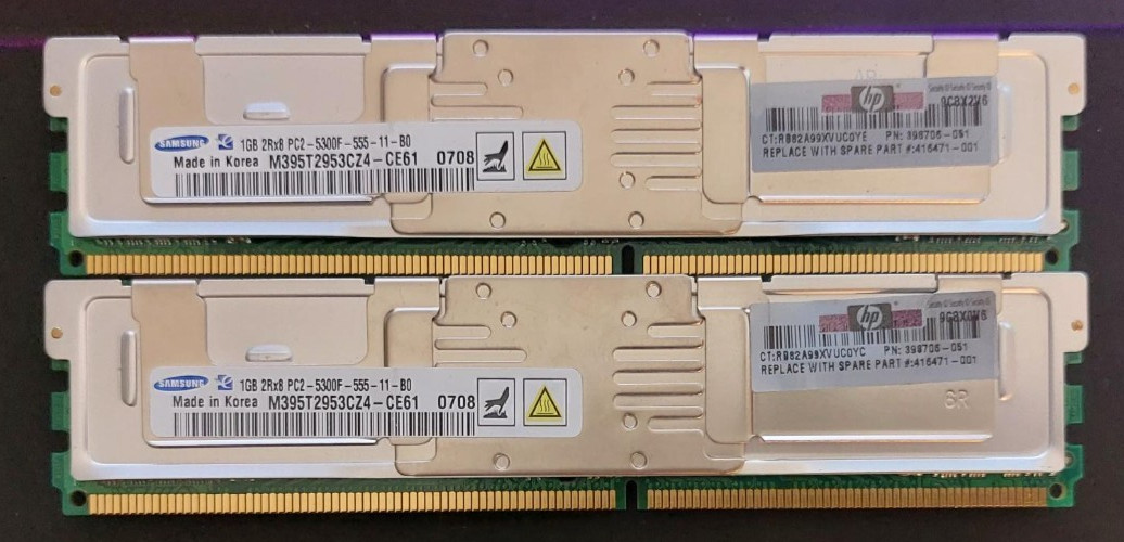 Samsung (2x1GB) 2Rx8, PC2-5300F-555-11-B0, M395T2953CZ4. Fully buffered DDR2