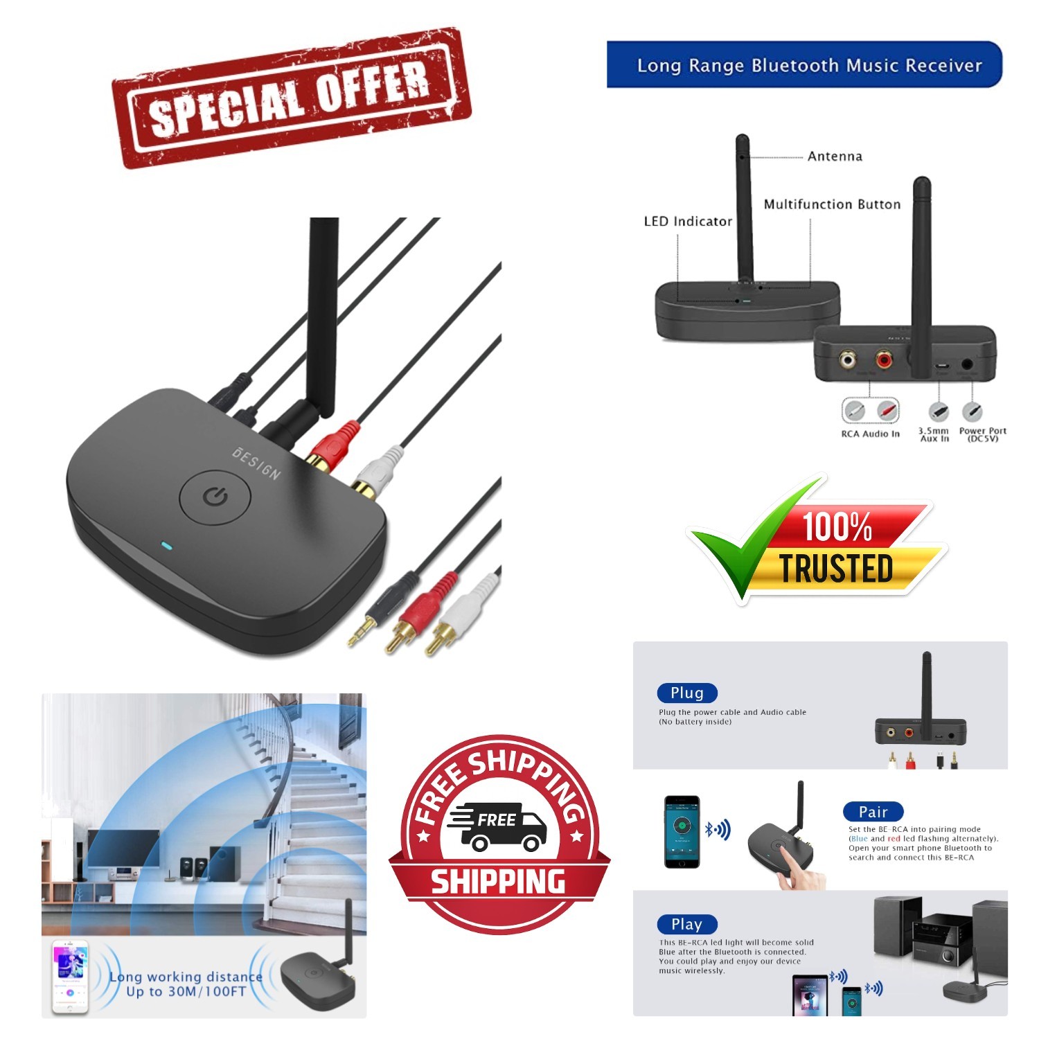Upgrade Your Stereo: BE-RCA Long Range Bluetooth Receiver with Micro-USB Power