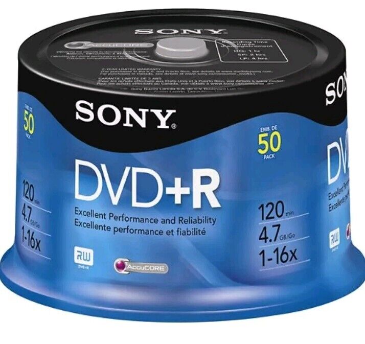 Sony DVD+R 50 Pack 4.7GB 120 min 16x Spindle New Discs