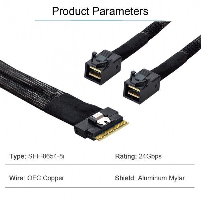 JSER PCI-E Ultraport SAS 4.0 SFF-8654 8i to Dual SFF-8643 4i Mini SAS HD Cable