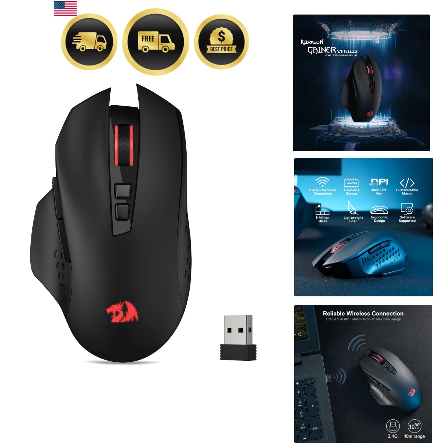 M656 Gainer Wireless Gaming Mouse, 4000 DPI 2.4Ghz Wireless Mouse w/ 5 DPI Le...