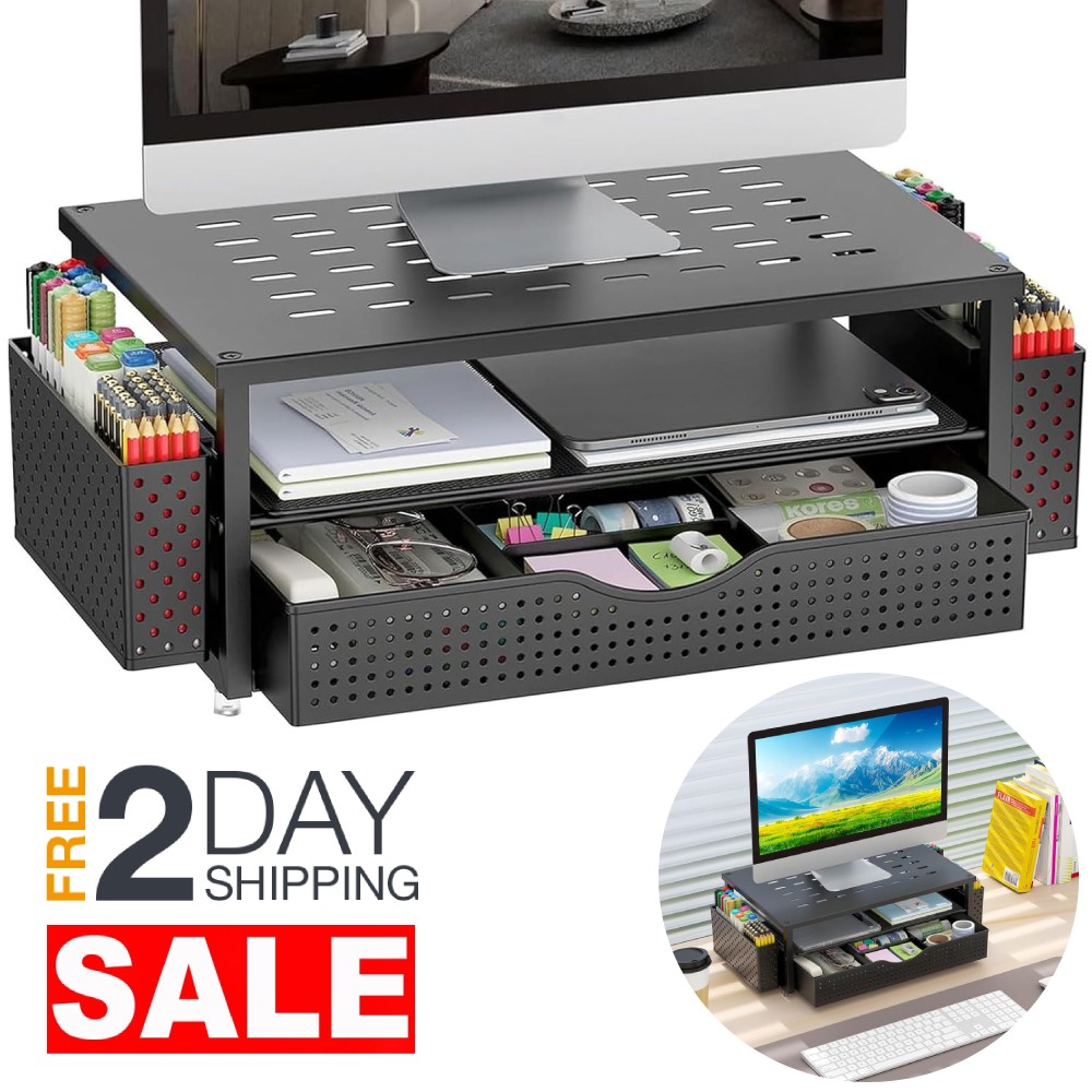 Monitor Stand With Drawer And Pen Holder Desk Organizer For Dorm Room Essentials