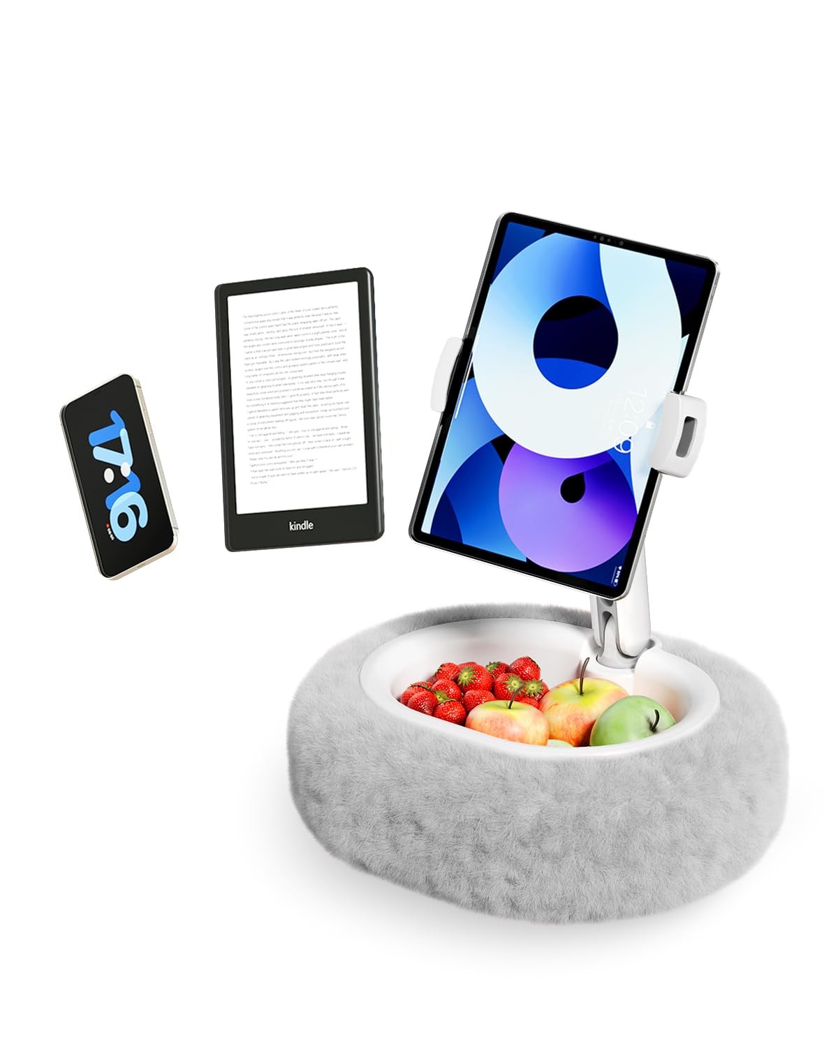 SupeDesk Kindle Pillow Stand – Soft Grey Fuzzy Tablet Holder with Storage Bow...