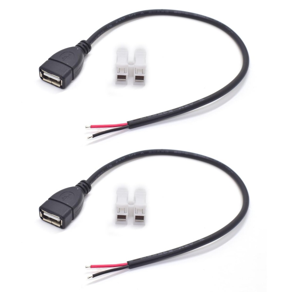 ELNONE 2PCS 0.3M/1FT USB 2.0 Female Pigtail 2 Wire 20AWG USB DC Pigtail DIY Powe