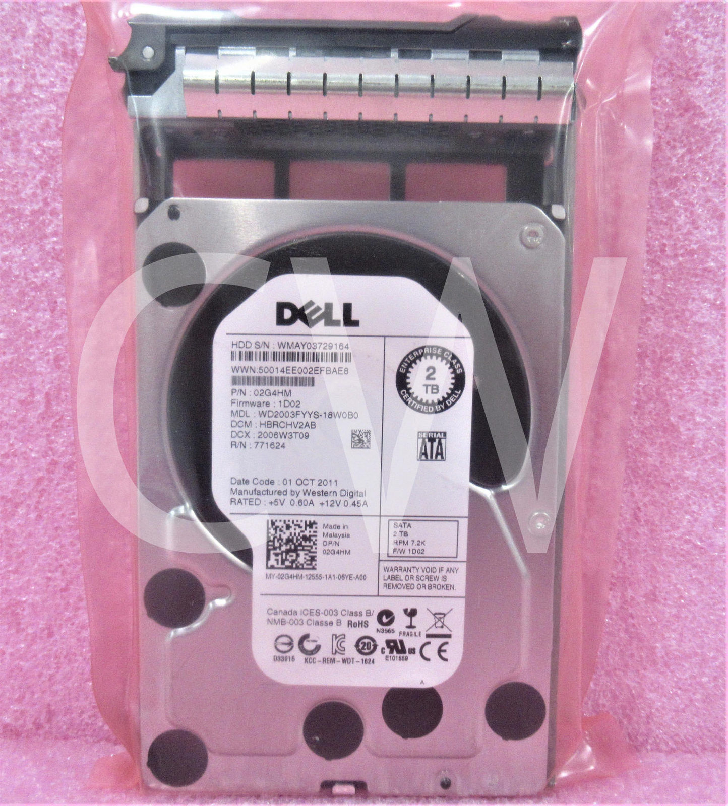 2G4HM Dell WD2003FYYS 2TB 7200RPM 3Gb/s 3.5" SATA SERVER HDD Hard Drive W/Caddy